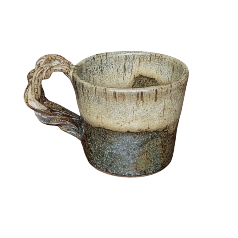 Studio Pottery‎ Mug Drip Glaze Signed Twisted Braided Handle Earth Tones Boho